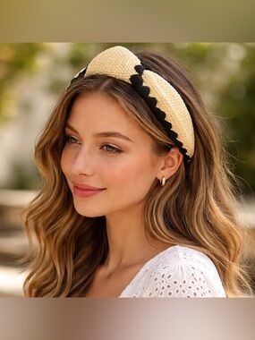 Woven Straw Headband Black Trim Boho Raffia Style Hair Accessory